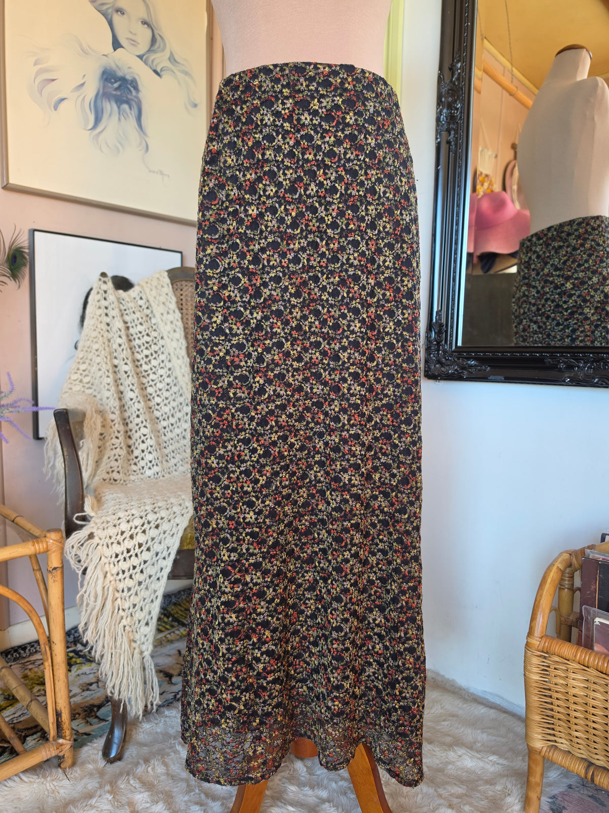 Vintage 1990s Zardi Boho Embroidered Floral Mesh Midi Skirt - 8-10