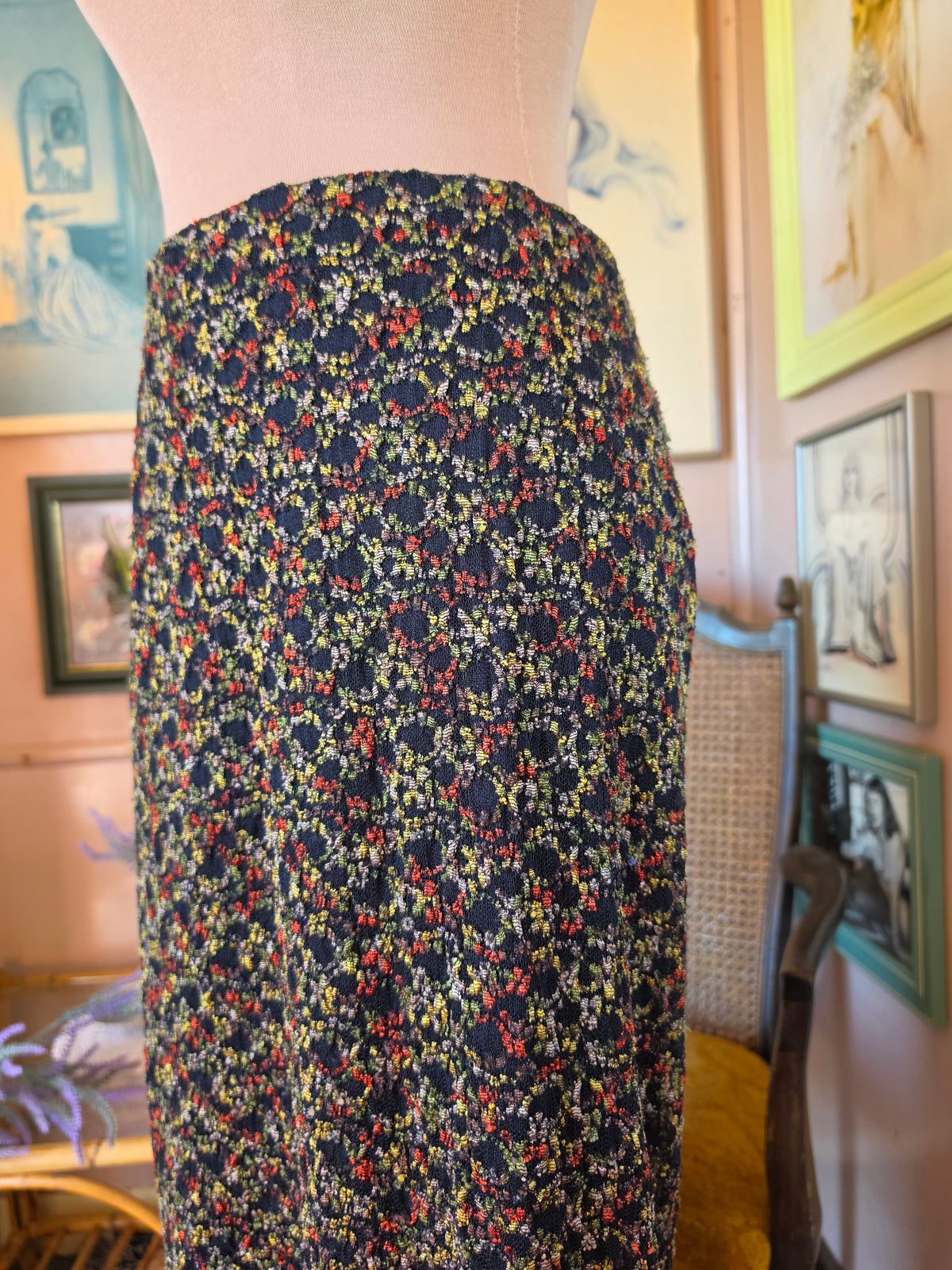 Vintage 1990s Zardi Boho Embroidered Floral Mesh Midi Skirt - 8-10