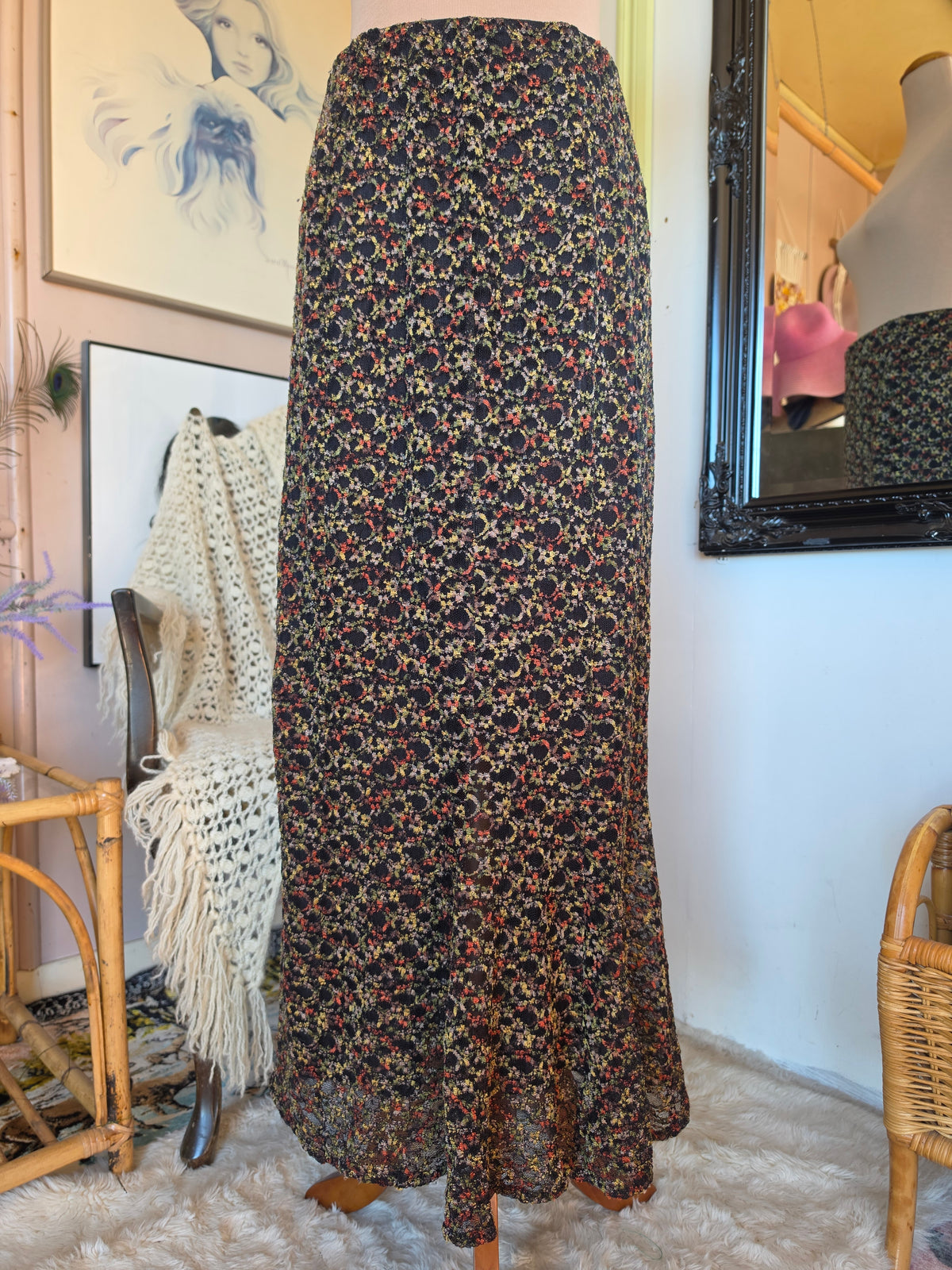 Vintage 1990s Zardi Boho Embroidered Floral Mesh Midi Skirt - 8-10