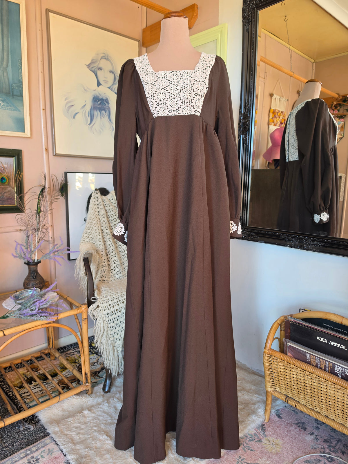 Vintage 1970s Chocolate Prairie Maxi Dress with Crochet Lace Applique - size 8-10