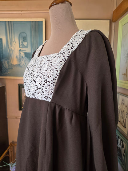 Vintage 1970s Chocolate Prairie Maxi Dress with Crochet Lace Applique - size 8-10