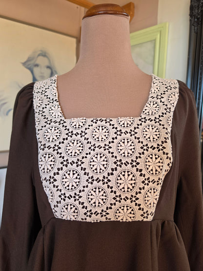 Vintage 1970s Chocolate Prairie Maxi Dress with Crochet Lace Applique - size 8-10