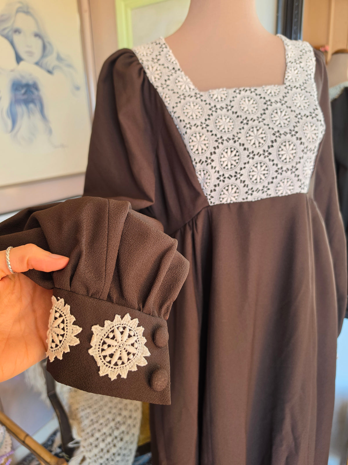 Vintage 1970s Chocolate Prairie Maxi Dress with Crochet Lace Applique - size 8-10