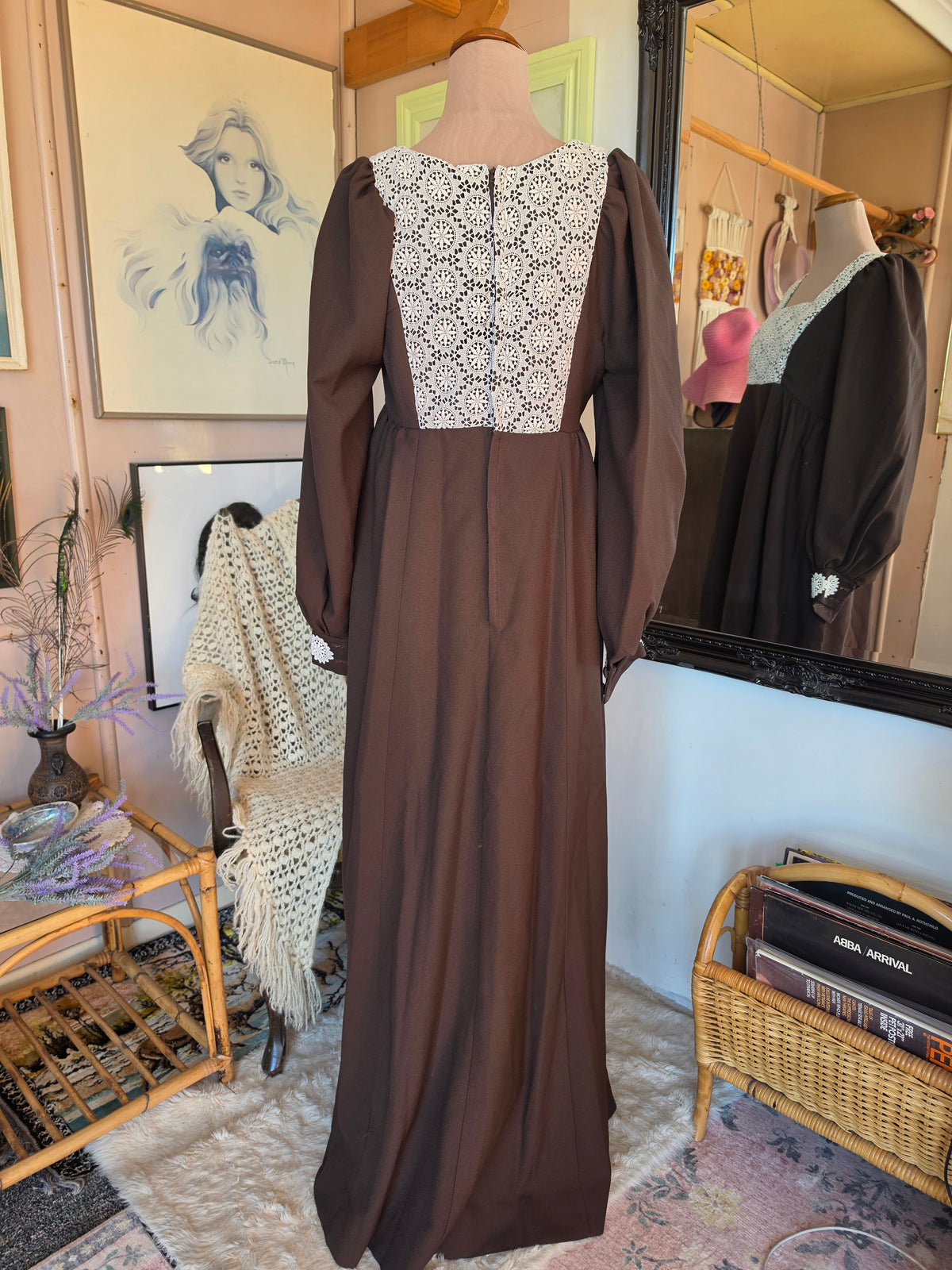 Vintage 1970s Chocolate Prairie Maxi Dress with Crochet Lace Applique - size 8-10