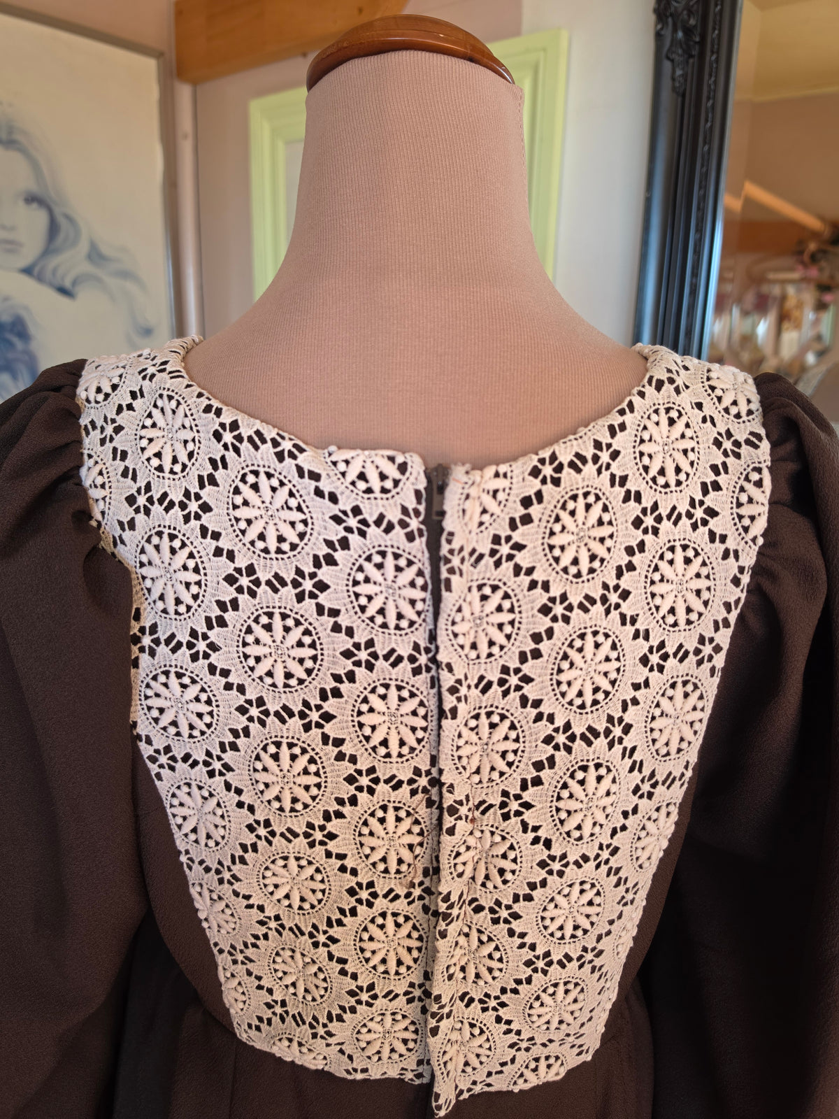 Vintage 1970s Chocolate Prairie Maxi Dress with Crochet Lace Applique - size 8-10