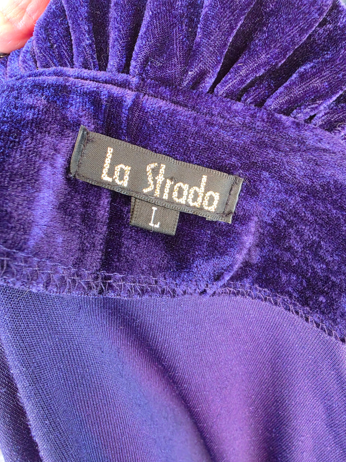 Vintage circa Y2K La Strada Blueberry Velvet Long Sleeve Ruffle Mini Dress - size 8-12