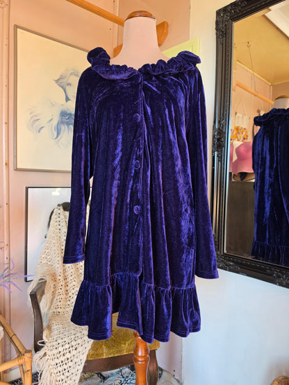Vintage circa Y2K La Strada Blueberry Velvet Long Sleeve Ruffle Mini Dress - size 8-12