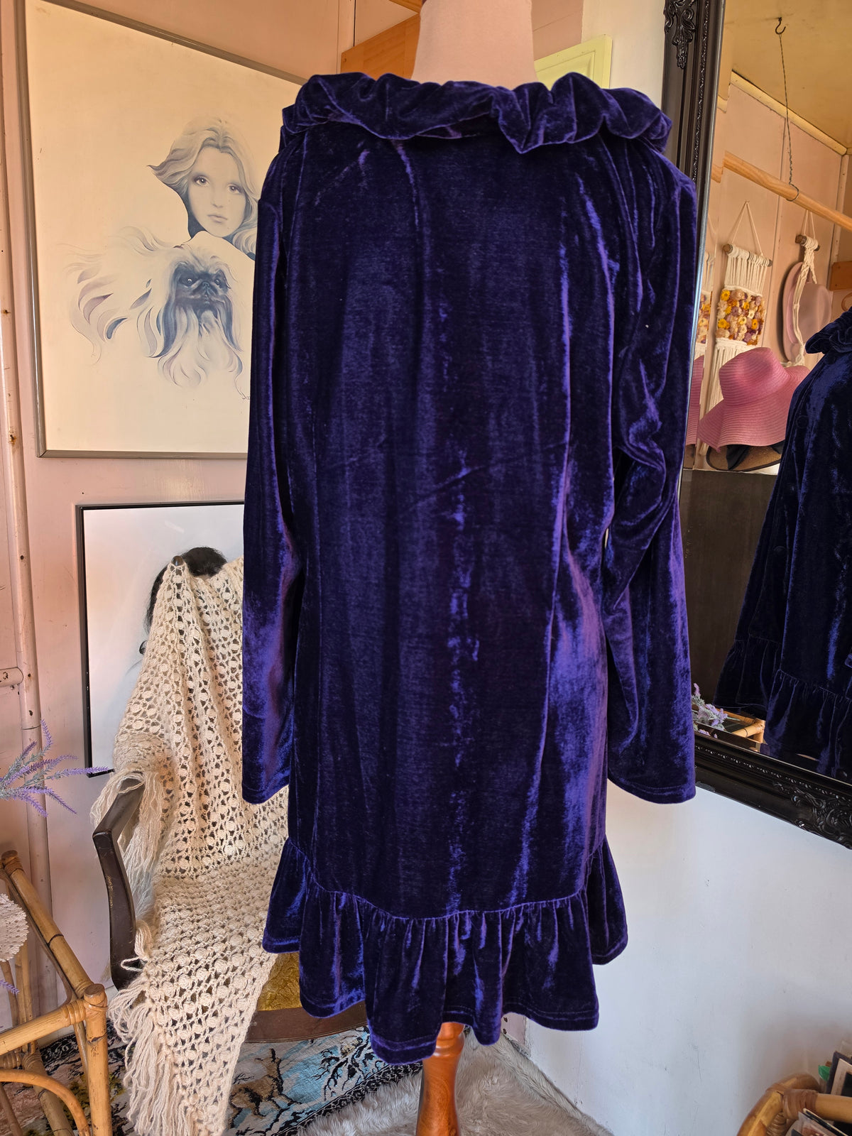 Vintage circa Y2K La Strada Blueberry Velvet Long Sleeve Ruffle Mini Dress - size 8-12