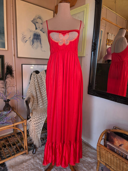 Vintage circa 1980s Cherry Red Midi Slip with Butterfly Applique and Ruffle Hem - size 6-8
