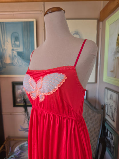 Vintage circa 1980s Cherry Red Midi Slip with Butterfly Applique and Ruffle Hem - size 6-8