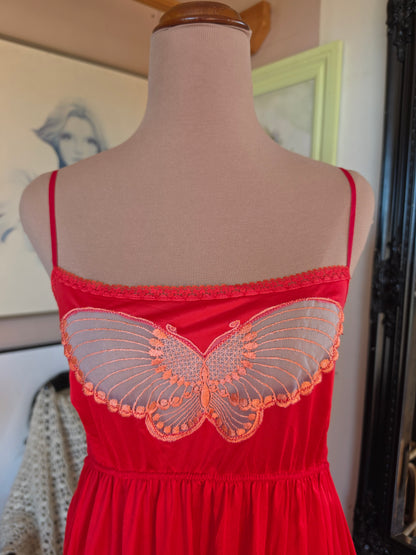 Vintage circa 1980s Cherry Red Midi Slip with Butterfly Applique and Ruffle Hem - size 6-8