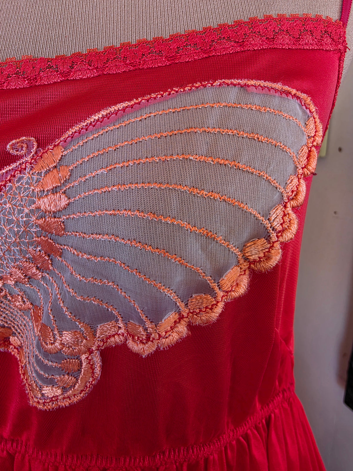 Vintage circa 1980s Cherry Red Midi Slip with Butterfly Applique and Ruffle Hem - size 6-8