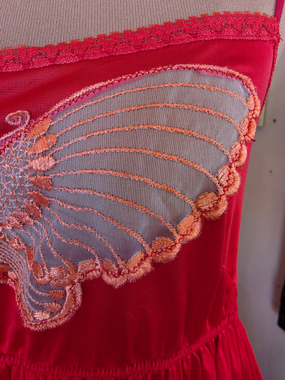 Vintage circa 1980s Cherry Red Midi Slip with Butterfly Applique and Ruffle Hem - size 6-8