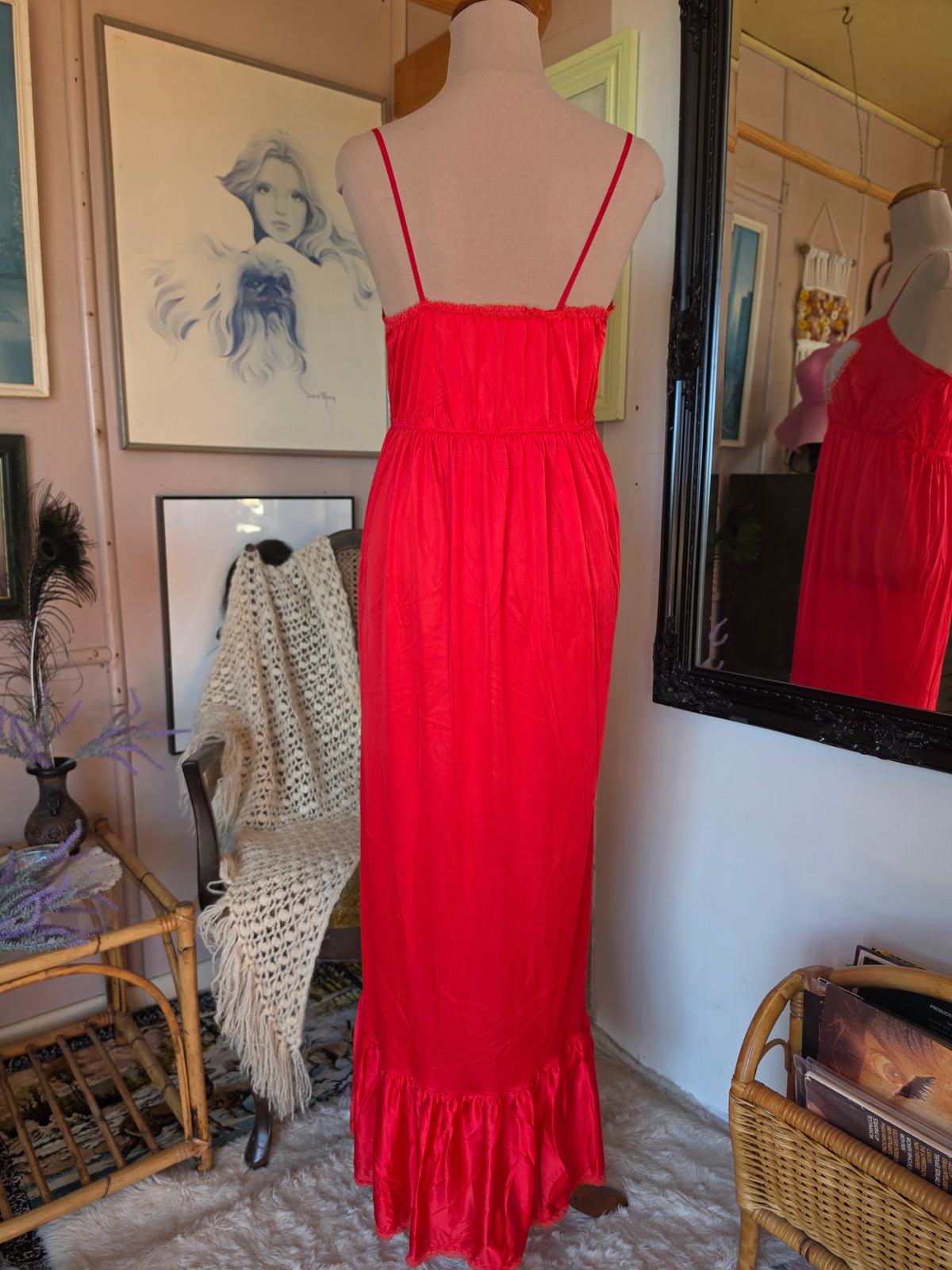 Vintage circa 1980s Cherry Red Midi Slip with Butterfly Applique and Ruffle Hem - size 6-8
