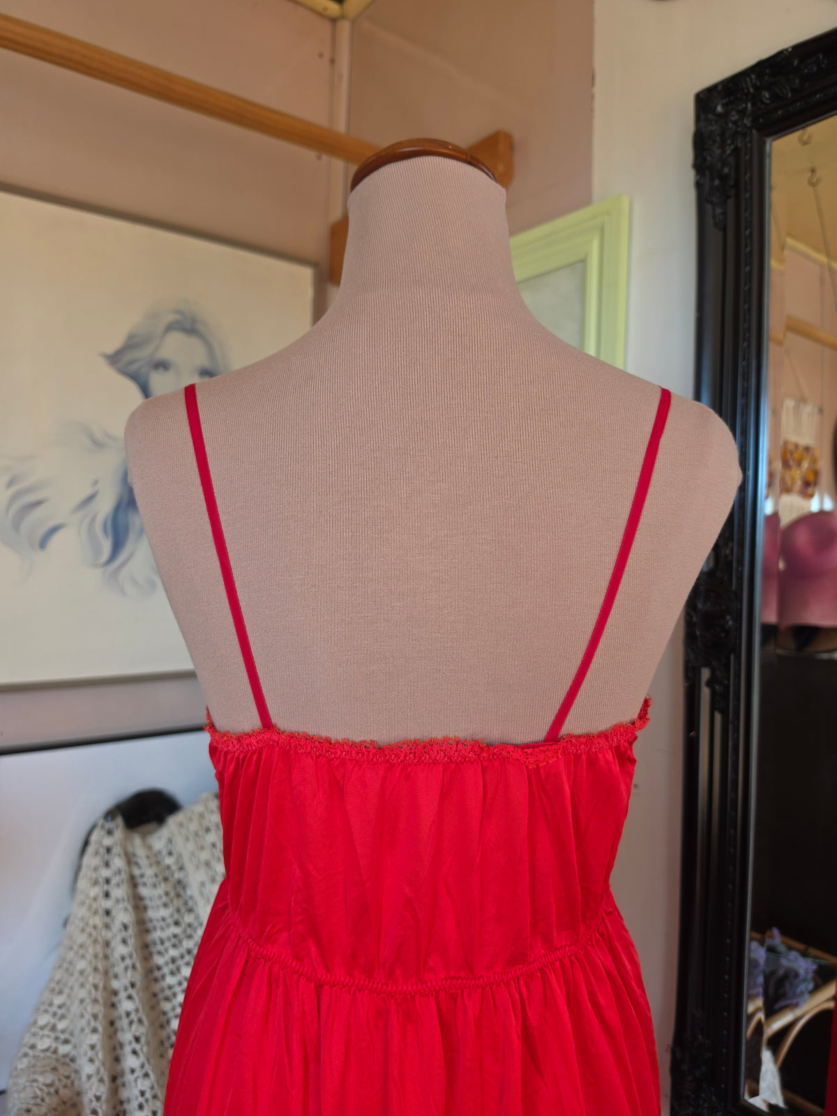 Vintage circa 1980s Cherry Red Midi Slip with Butterfly Applique and Ruffle Hem - size 6-8