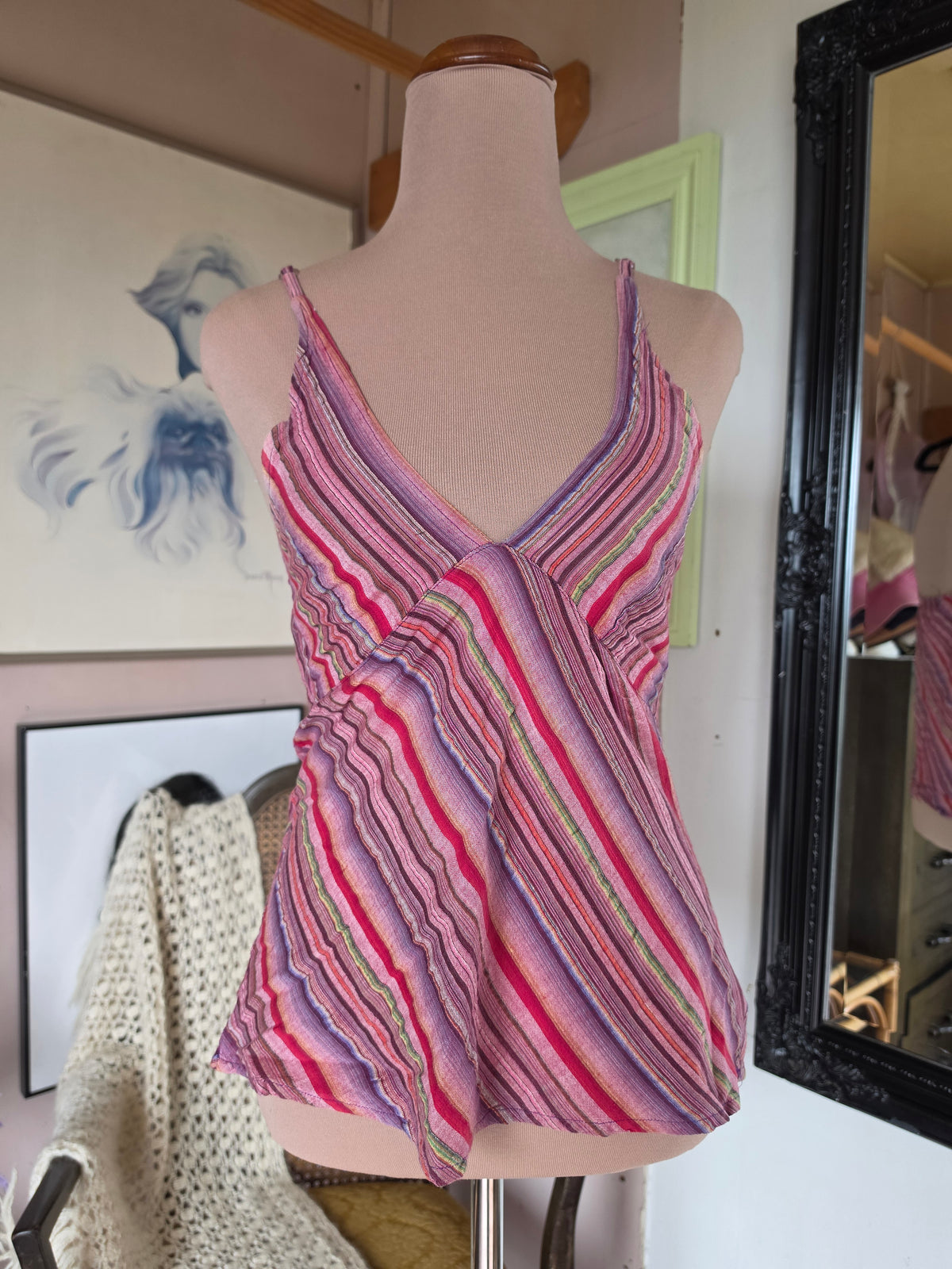 Vintage circa Y2K Creative Touch Dusky Rose Asymmetrical Stripe Singlet Top - size 6-8