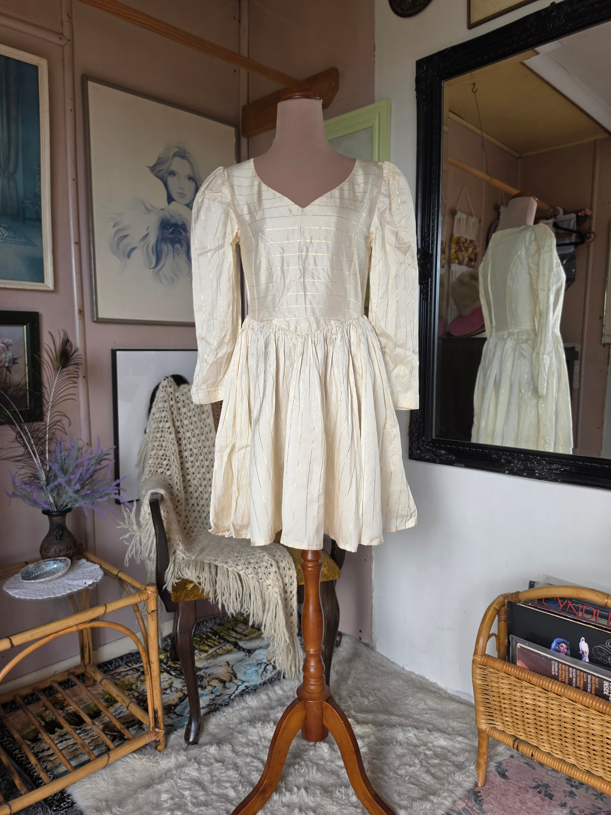 Vintage circa 1960s Buttermilk and Gold Princess Mini Dress - size 4-6