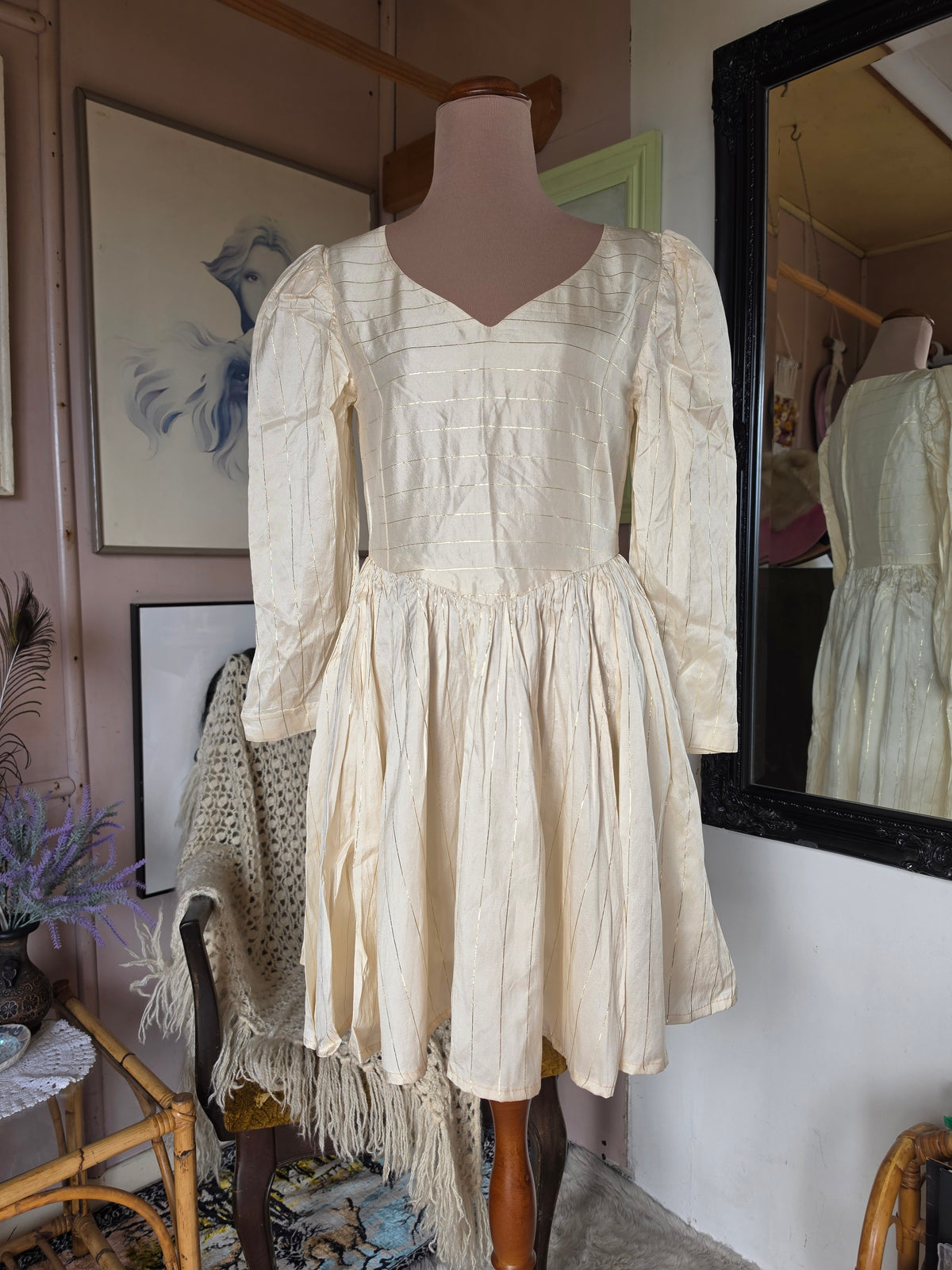 Vintage circa 1960s Buttermilk and Gold Princess Mini Dress - size 4-6