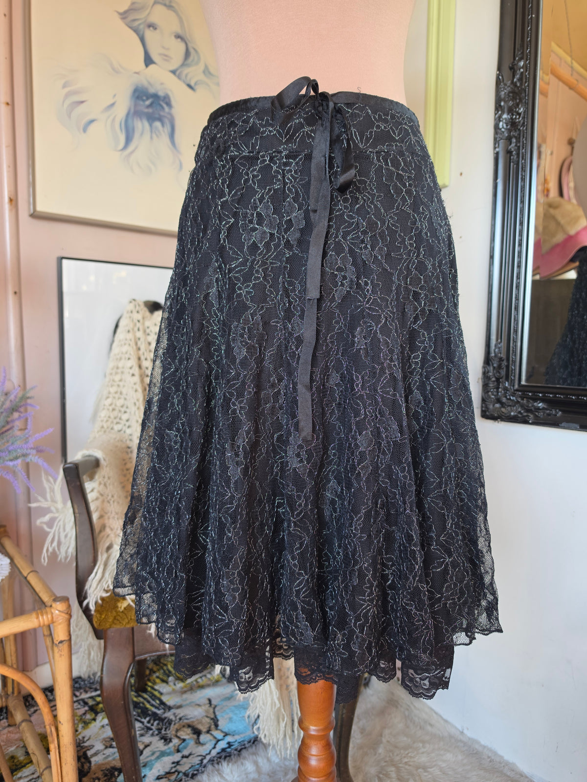 Vintage Y2K Millers Floral Whimsigoth Net Midi Skirt - 6-8