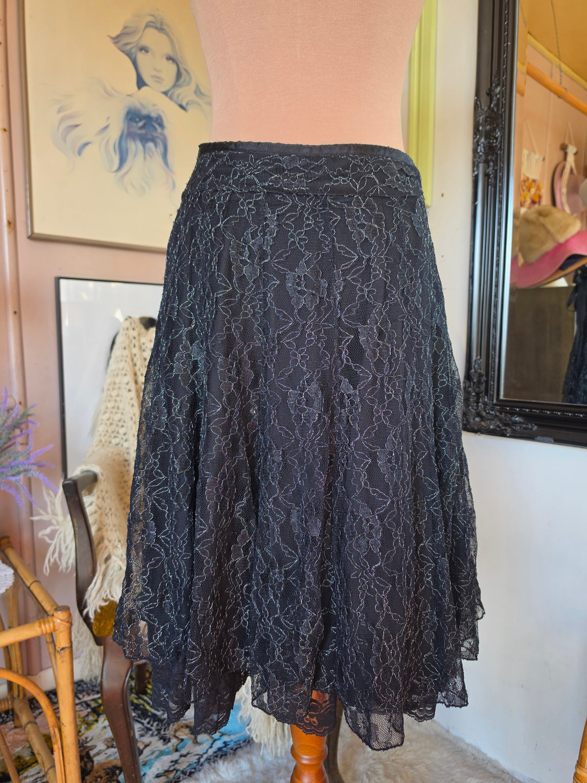 Vintage Y2K Millers Floral Whimsigoth Net Midi Skirt - 6-8
