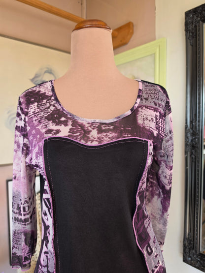 Vintage Y2K Concept Graphic Mesh Panel Asymmetrical Fairy Hem Top - size 8-12
