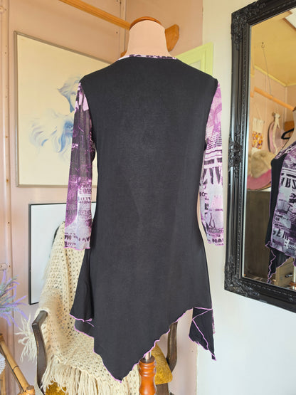 Vintage Y2K Concept Graphic Mesh Panel Asymmetrical Fairy Hem Top - size 8-12