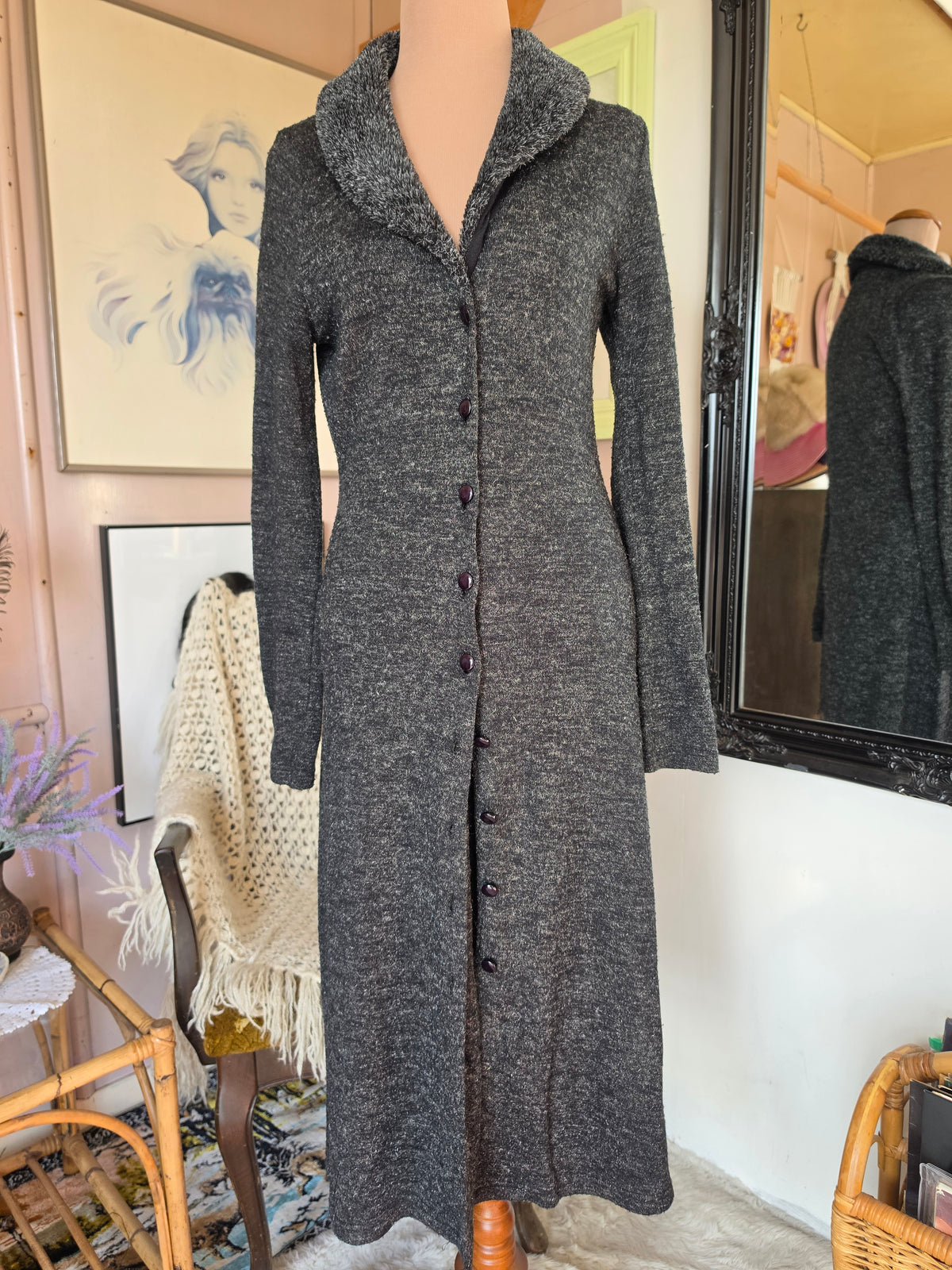 Vintage circa Y2K VG Jeans Shimmery Longline Knit Cardigan with Faux Fur collar - size 8