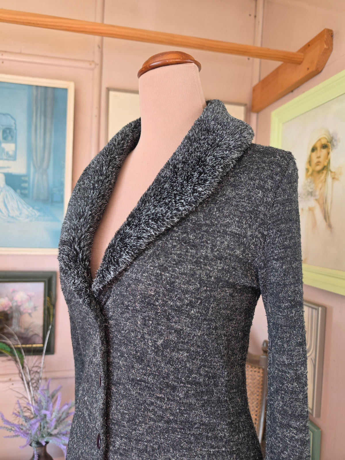 Vintage circa Y2K VG Jeans Shimmery Longline Knit Cardigan with Faux Fur collar - size 8