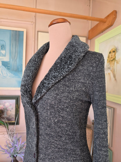 Vintage circa Y2K VG Jeans Shimmery Longline Knit Cardigan with Faux Fur collar - size 8