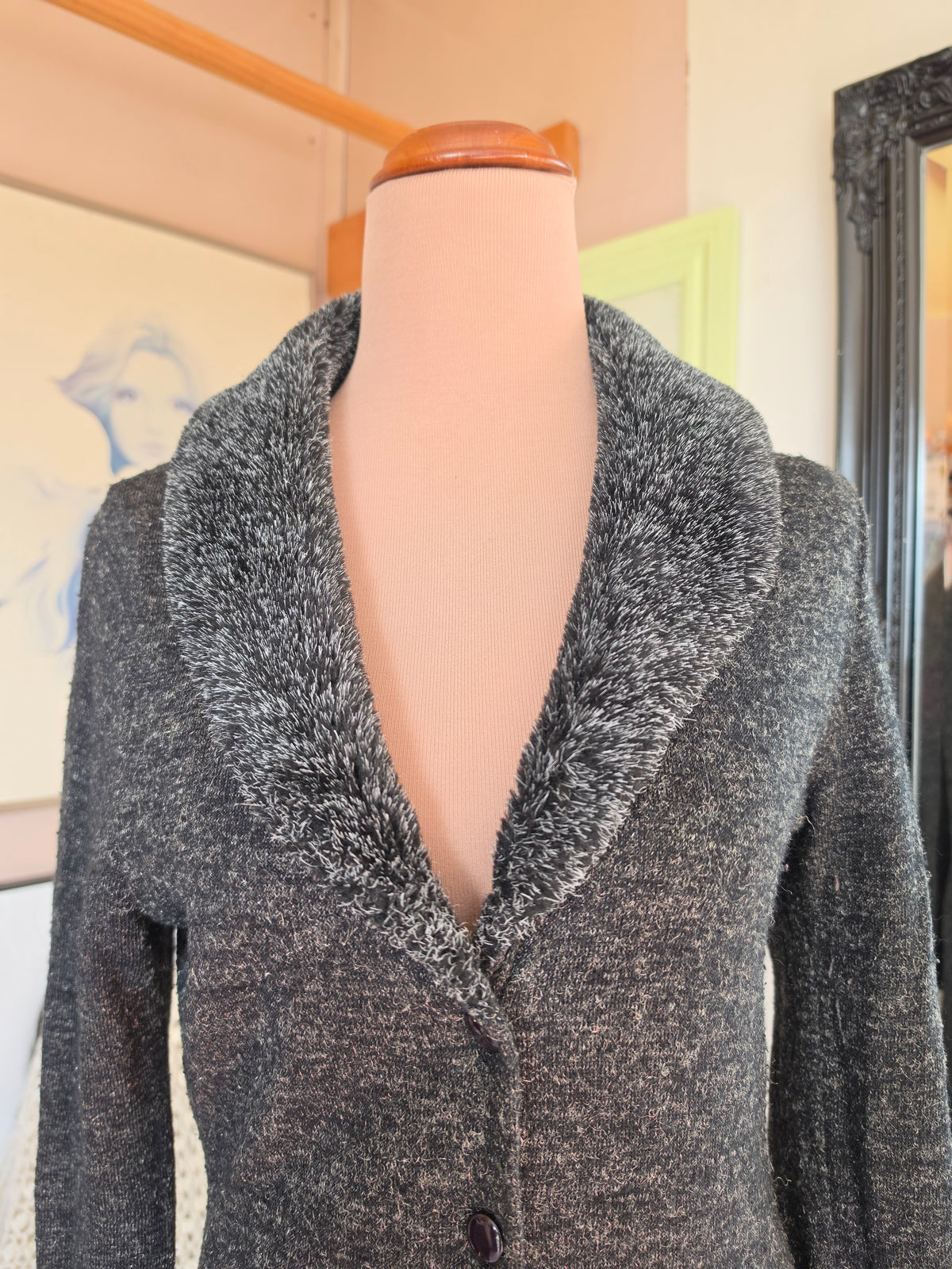 Vintage circa Y2K VG Jeans Shimmery Longline Knit Cardigan with Faux Fur collar - size 8