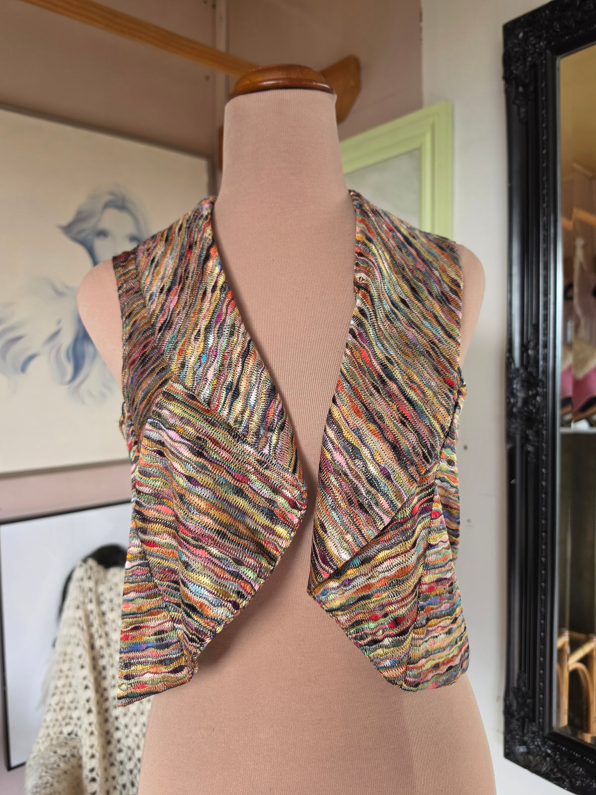 Vintage circa 1990s Just Jeans Rainbow Multicolour Sleeveless Bolero Top - size 8-10