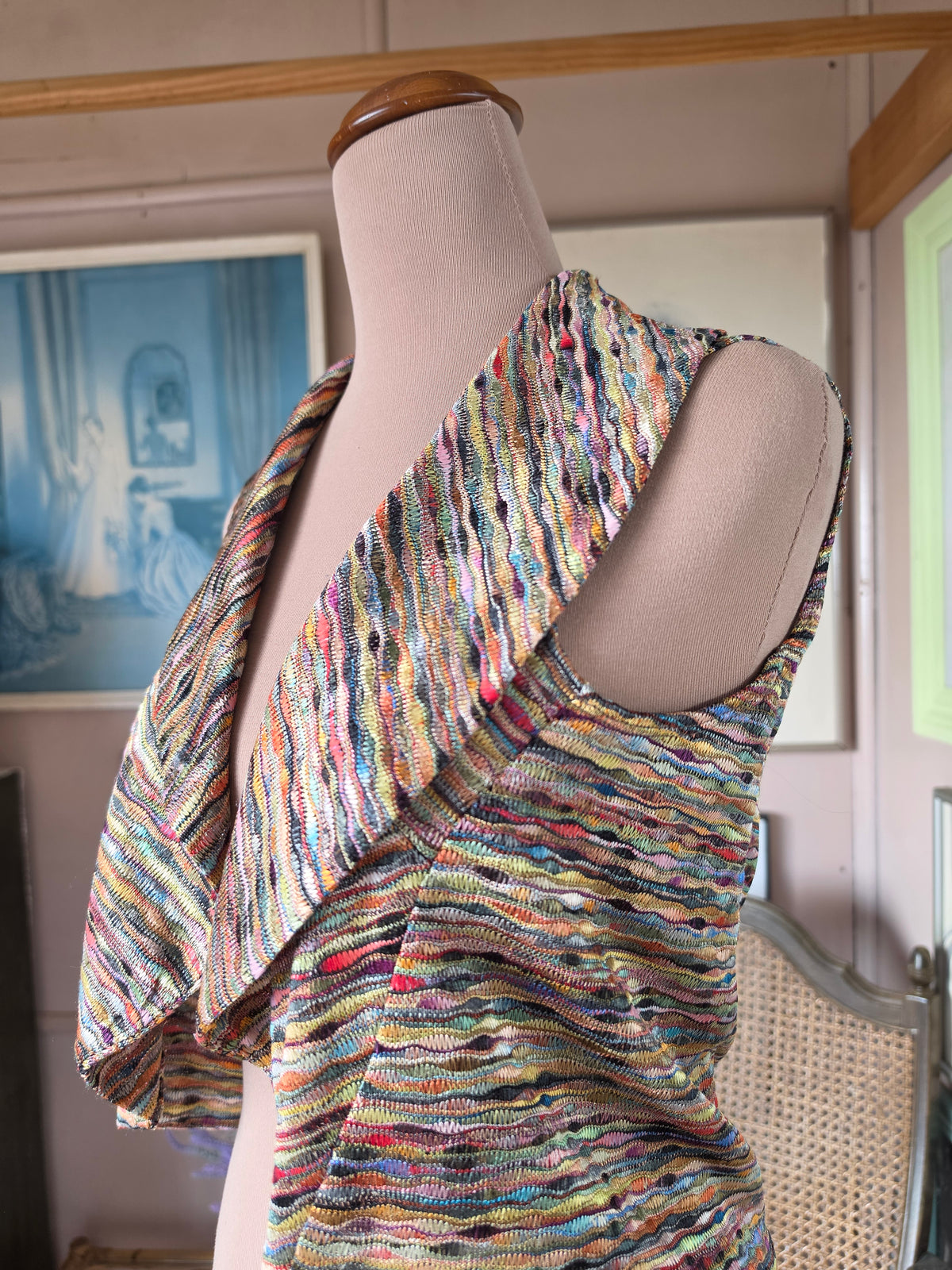 Vintage circa 1990s Just Jeans Rainbow Multicolour Sleeveless Bolero Top - size 8-10