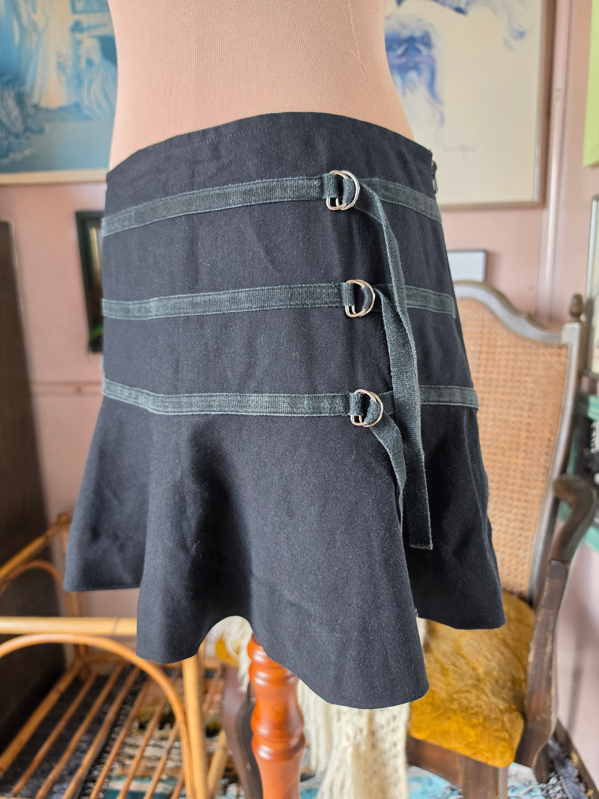 Vintage circa Y2K Curve Drop Waist Micro Mini with D-Ring Strapping - size 8-10