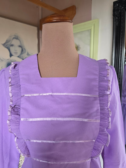 Vintage circa 1960s Dundeenz Lavender and Ribbon Frill Mini Dress - size 6-8