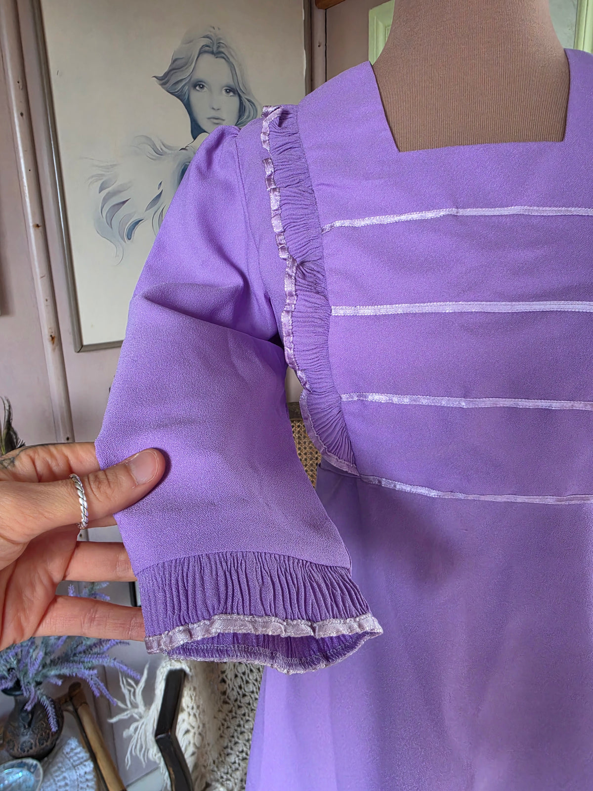 Vintage circa 1960s Dundeenz Lavender and Ribbon Frill Mini Dress - size 6-8