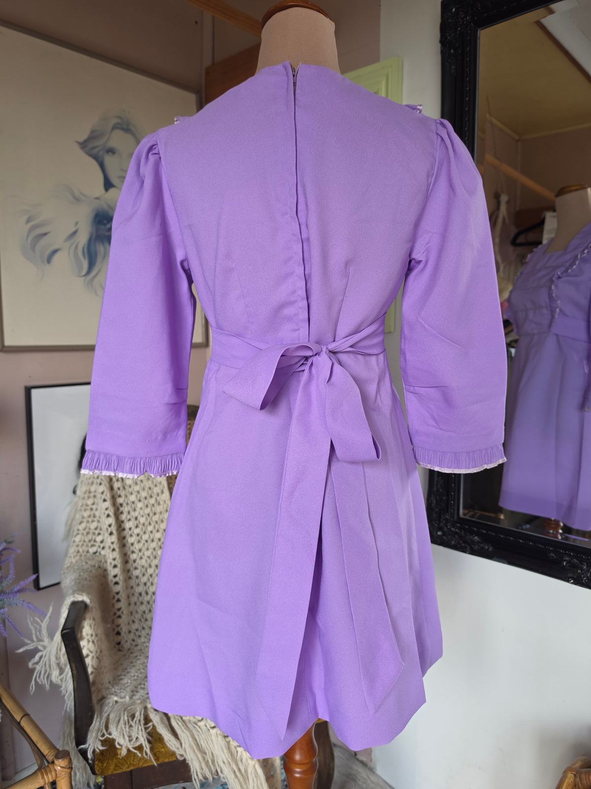 Vintage circa 1960s Dundeenz Lavender and Ribbon Frill Mini Dress - size 6-8