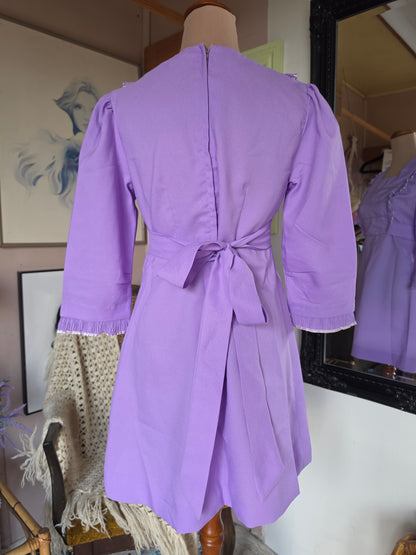 Vintage circa 1960s Dundeenz Lavender and Ribbon Frill Mini Dress - size 6-8