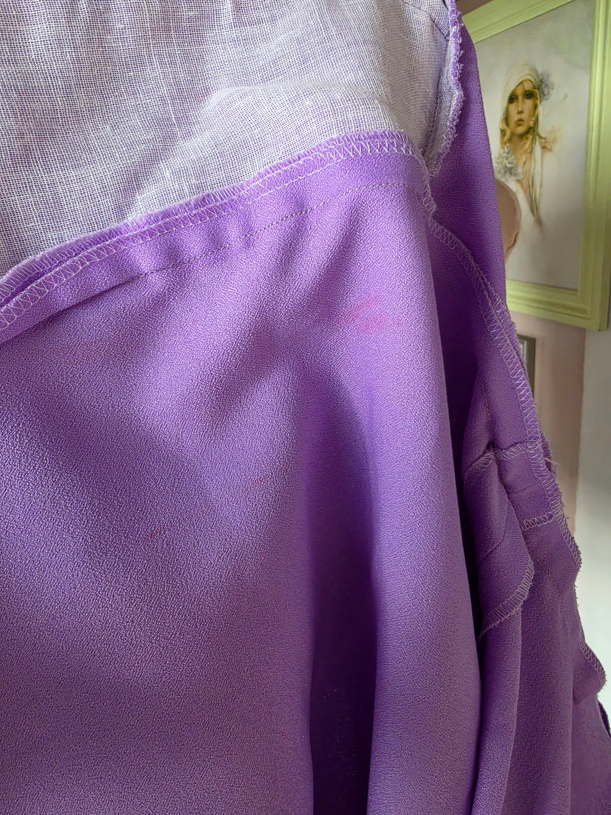 Vintage circa 1960s Dundeenz Lavender and Ribbon Frill Mini Dress - size 6-8