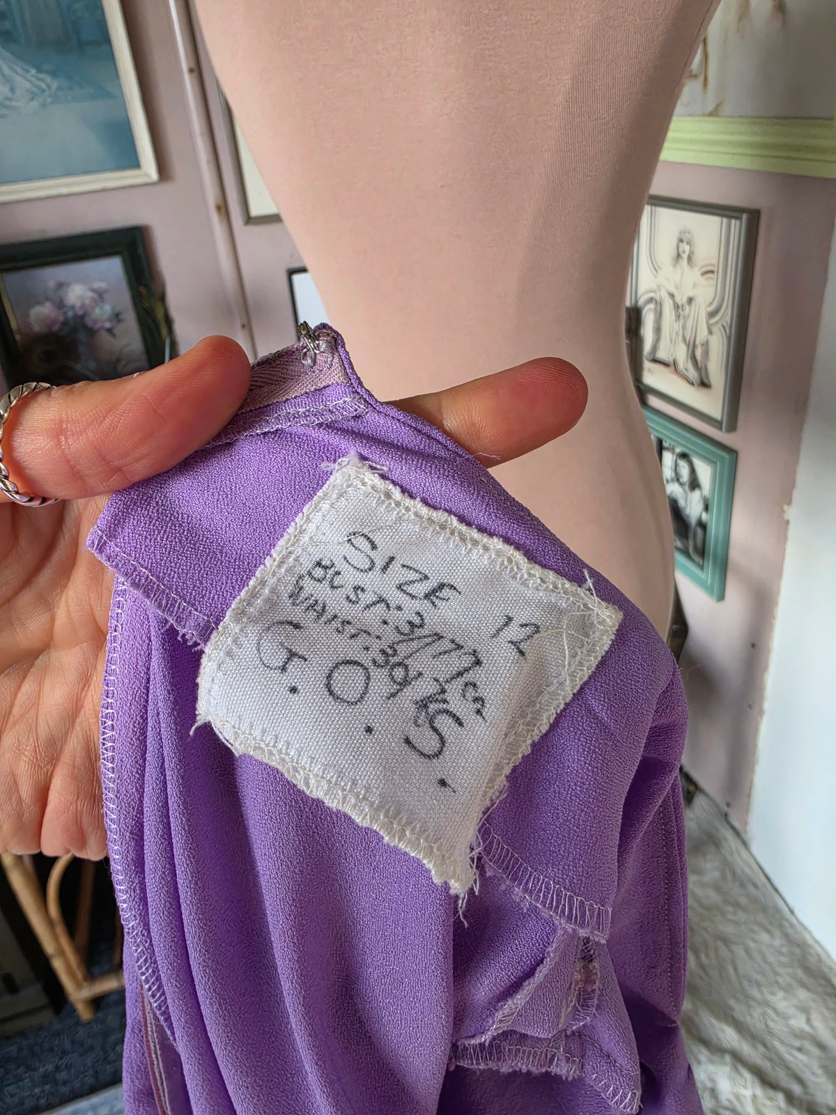 Vintage circa 1960s Dundeenz Lavender and Ribbon Frill Mini Dress - size 6-8