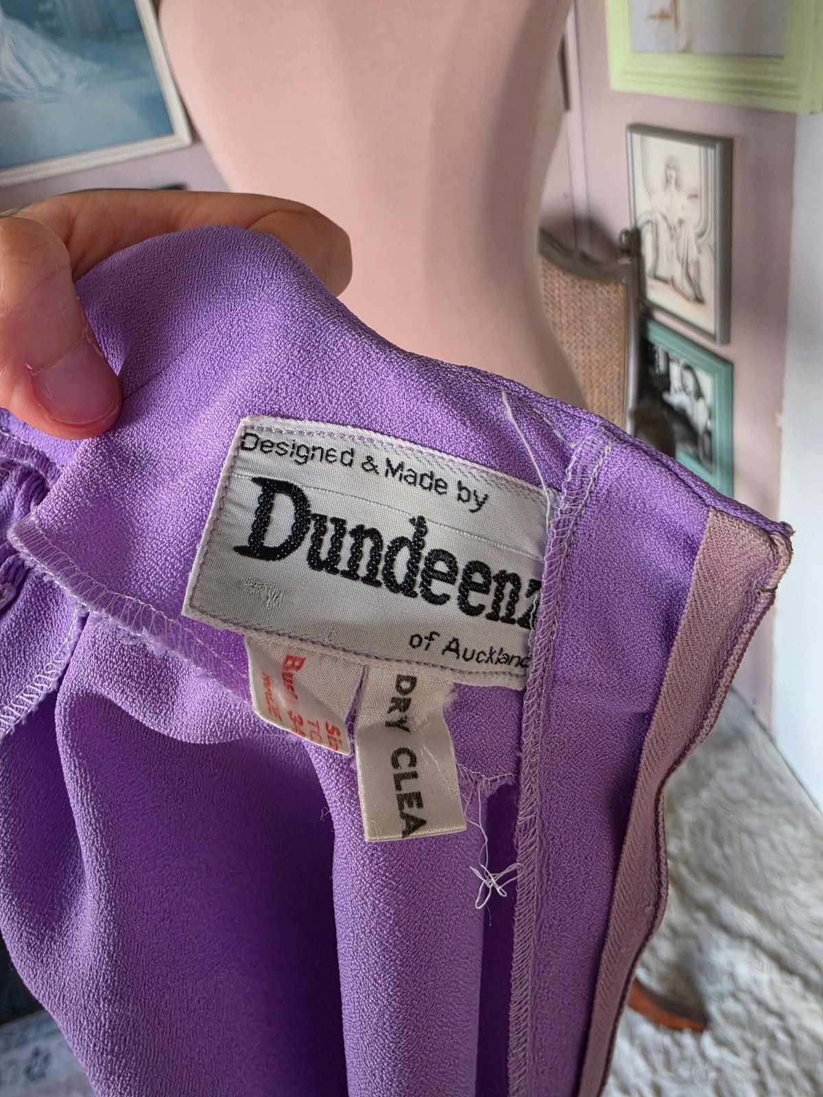 Vintage circa 1960s Dundeenz Lavender and Ribbon Frill Mini Dress - size 6-8