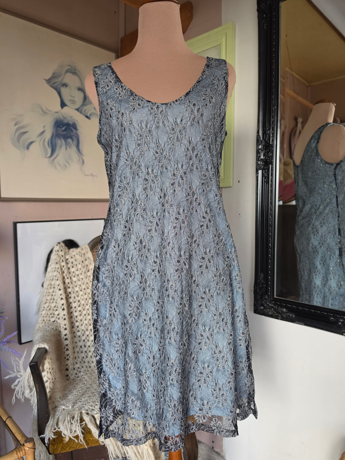 Vintage 1990s Go Shimmer and Pastel Blue Mesh Overlay Grunge Dress - size 8-12