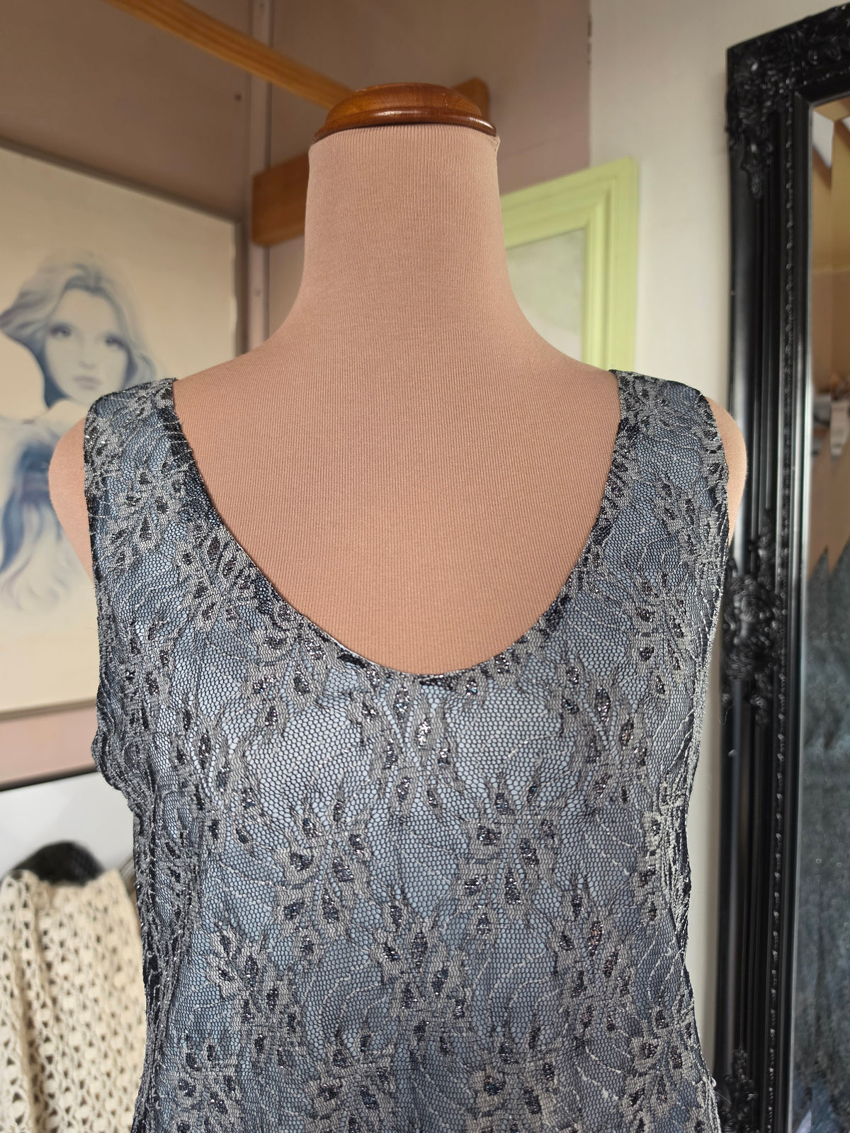 Vintage 1990s Go Shimmer and Pastel Blue Mesh Overlay Grunge Dress - size 8-12