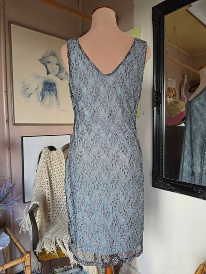 Vintage 1990s Go Shimmer and Pastel Blue Mesh Overlay Grunge Dress - size 8-12