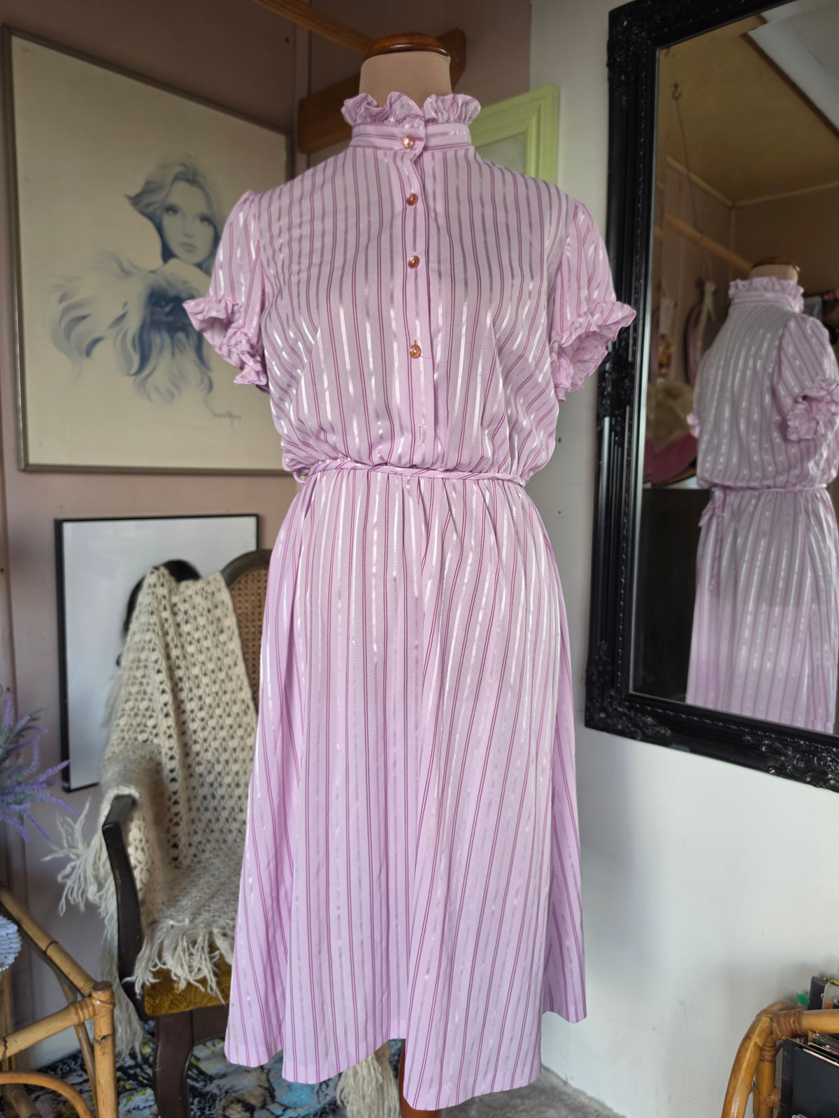 Vintage 1970s Doo-Dads Powder Pink Candy Stripe Dress - size 6-8