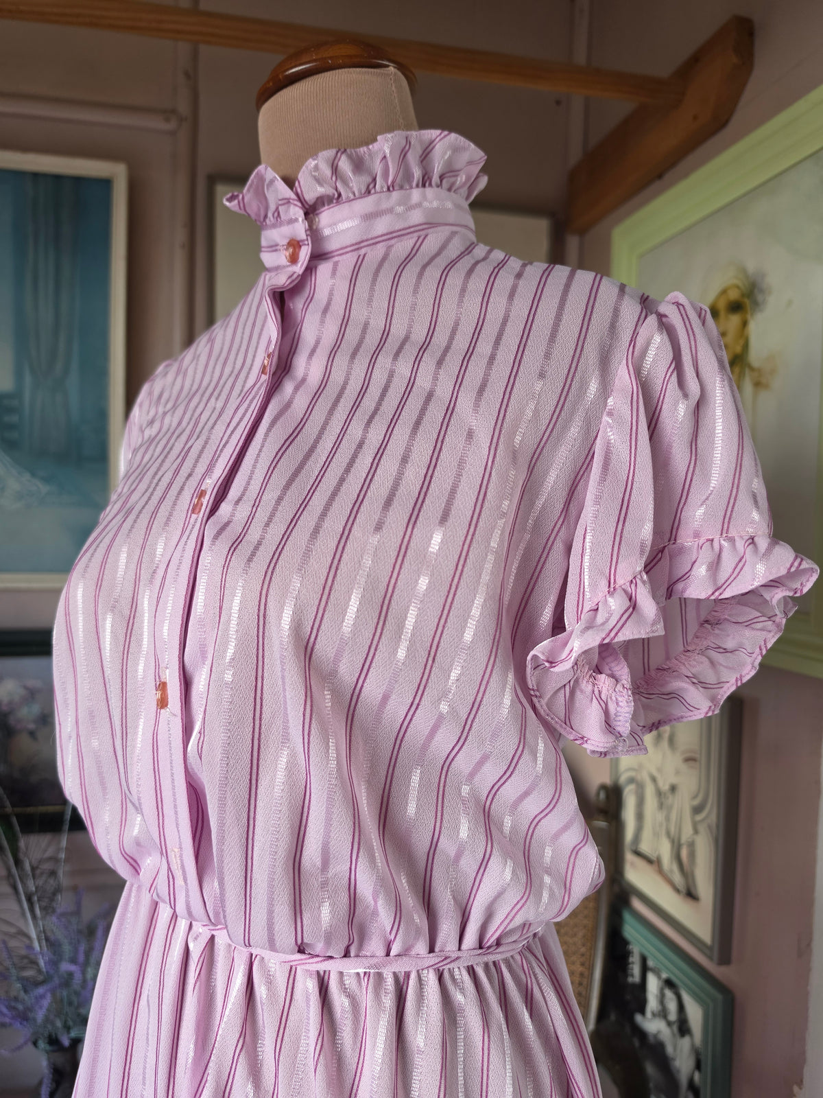 Vintage 1970s Doo-Dads Powder Pink Candy Stripe Dress - size 6-8