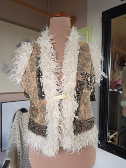 Vintage circa Y2K SOGGO Bohemian Shaggy Gilet Vest with Sequin & Beaded Applique - size 6-8
