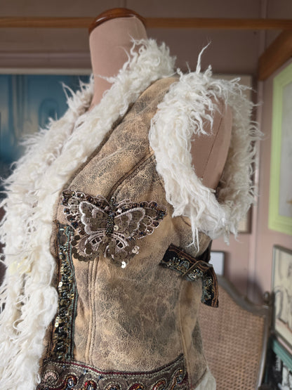 Vintage circa Y2K SOGGO Bohemian Shaggy Gilet Vest with Sequin & Beaded Applique - size 6-8