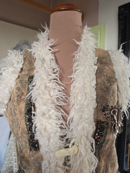 Vintage circa Y2K SOGGO Bohemian Shaggy Gilet Vest with Sequin & Beaded Applique - size 6-8