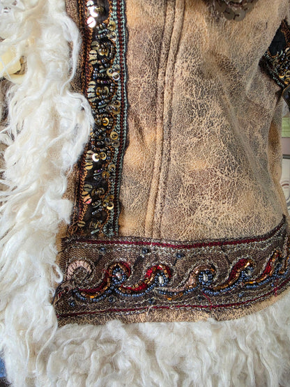 Vintage circa Y2K SOGGO Bohemian Shaggy Gilet Vest with Sequin & Beaded Applique - size 6-8