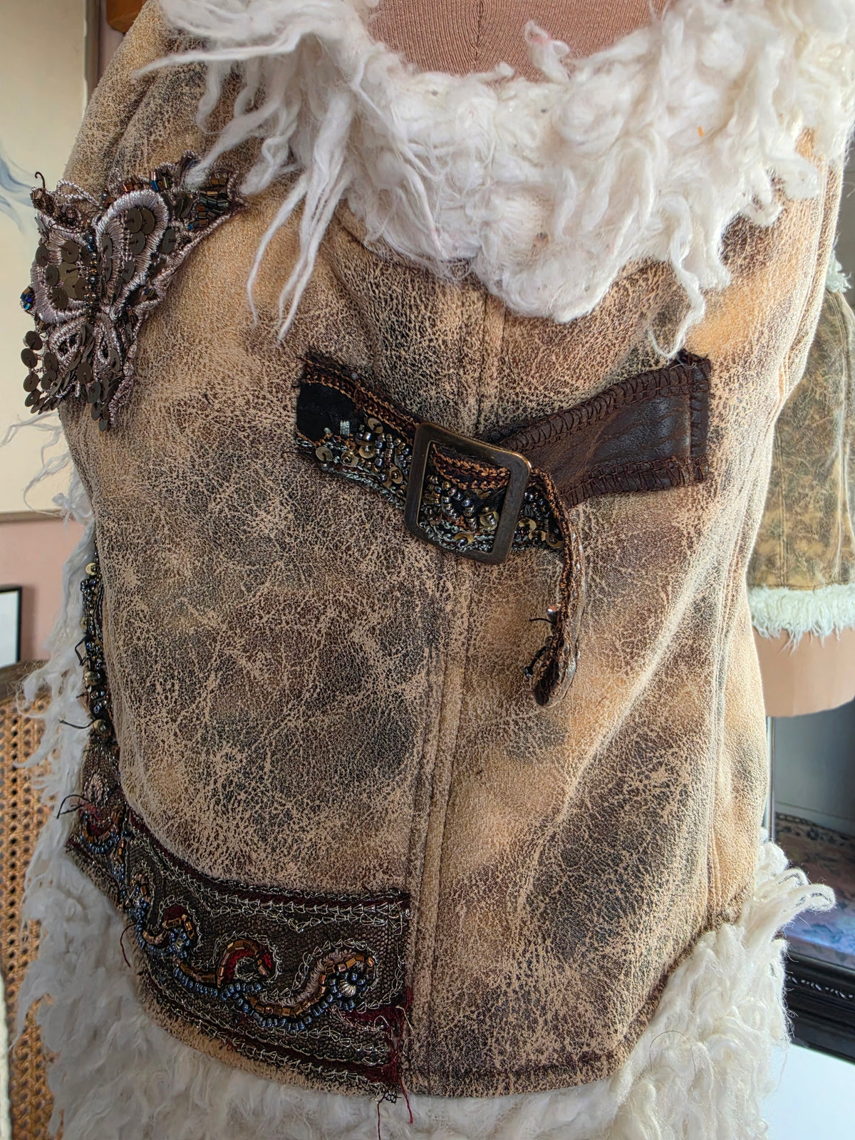 Vintage circa Y2K SOGGO Bohemian Shaggy Gilet Vest with Sequin & Beaded Applique - size 6-8